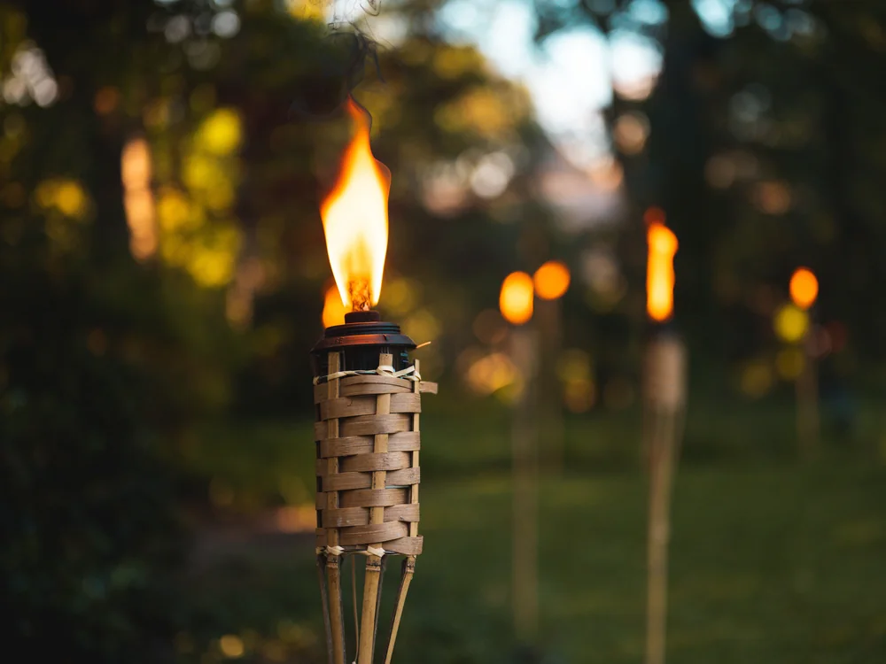 Lit tiki torches lining a garden path at dusk